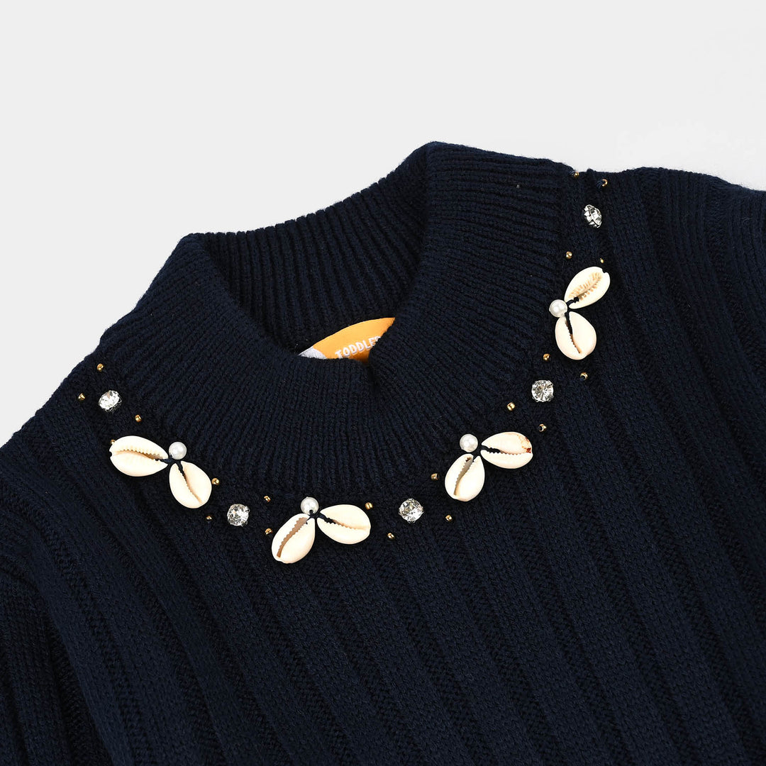 Girls Acrylic Sweater-Sea Shell-NAVY