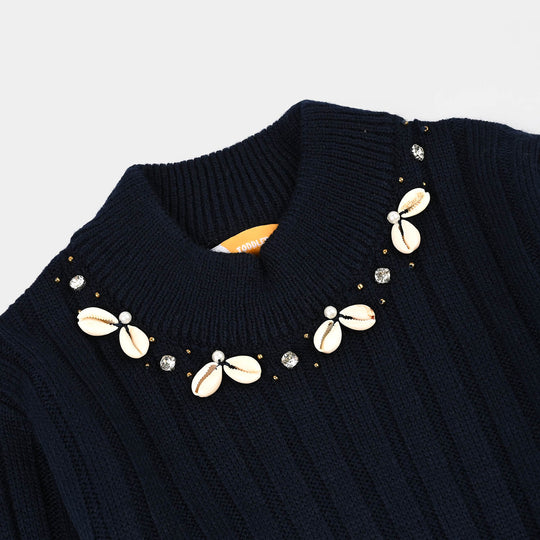 Girls Acrylic Sweater-Sea Shell-NAVY