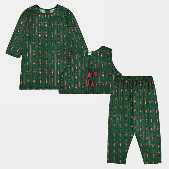 Girls Polyester Printed 3Pcs Ind Dil Dil Pakistan-L.Green