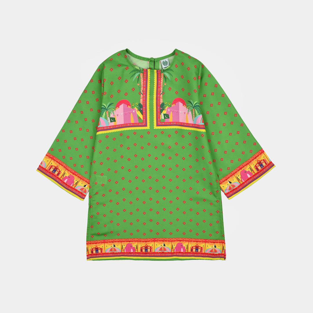 Girls Polyester Printed Kurti Coconut Tree- Light Green