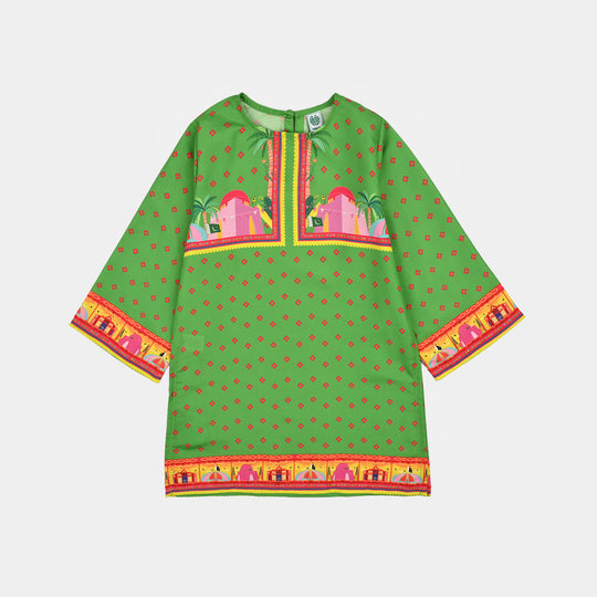 Girls Polyester Printed Kurti Coconut Tree- Light Green