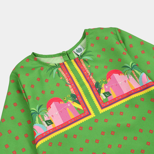 Girls Polyester Printed Kurti Coconut Tree- Light Green