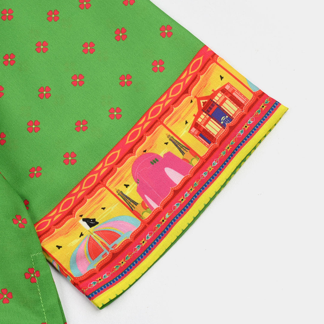 Girls Polyester Printed Kurti Coconut Tree- Light Green