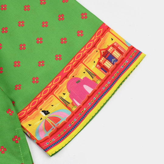 Girls Polyester Printed Kurti Coconut Tree- Light Green
