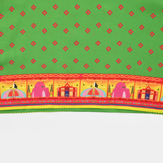 Girls Polyester Printed Kurti Coconut Tree- Light Green