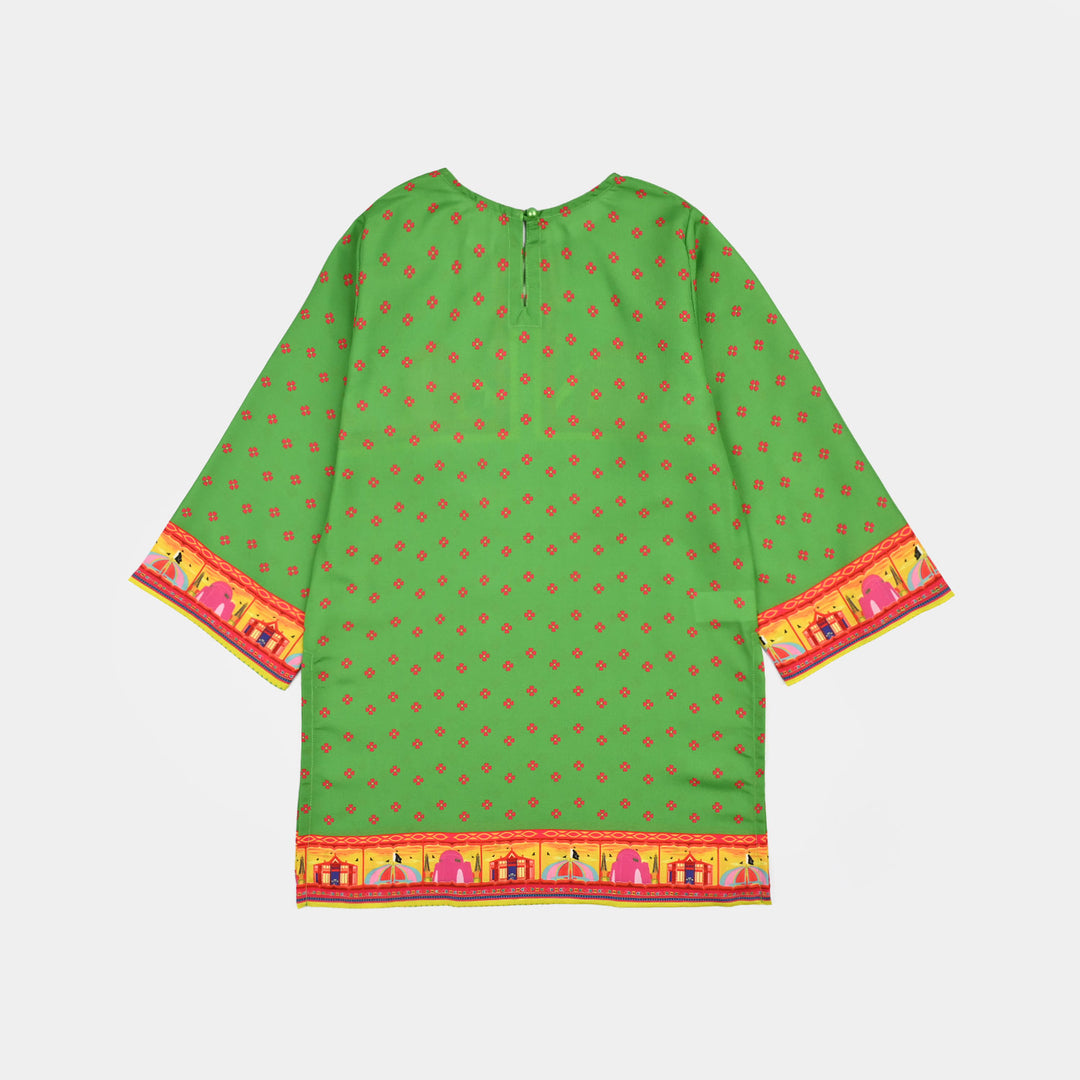 Girls Polyester Printed Kurti Coconut Tree- Light Green