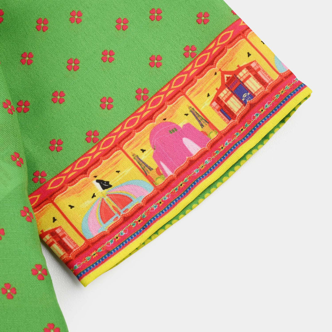 Infant Girls Polyester Printed Kurti Coconut Tree- Light Green