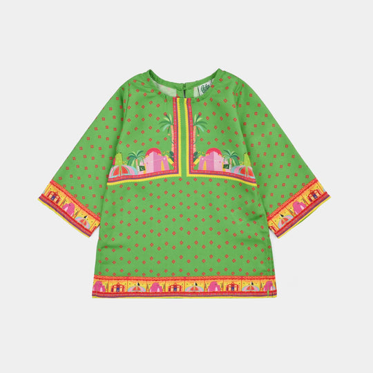 Infant Girls Polyester Printed Kurti Coconut Tree- Light Green