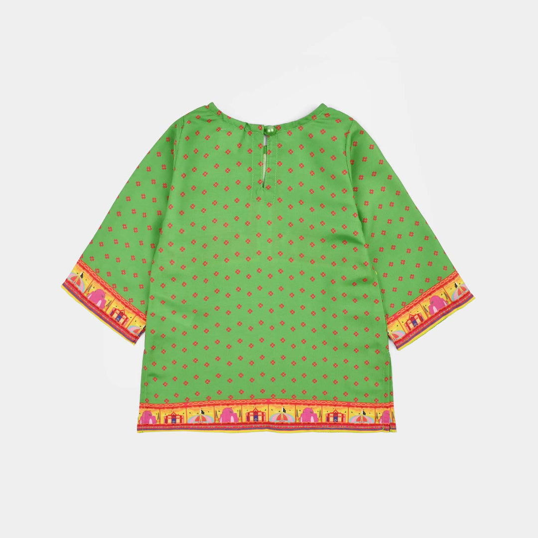 Infant Girls Polyester Printed Kurti Coconut Tree- Light Green
