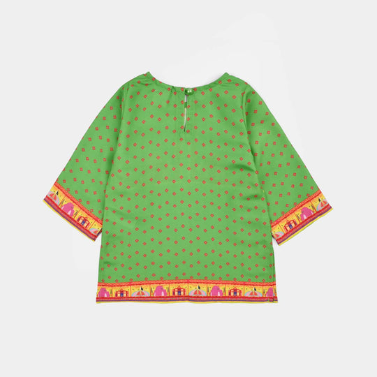 Infant Girls Polyester Printed Kurti Coconut Tree- Light Green