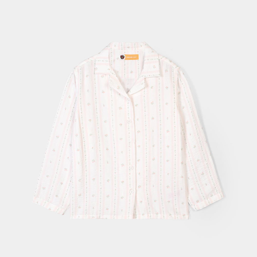 Girls Linen Viscose Nightwear-Pink Floral Stripe-White.Pink