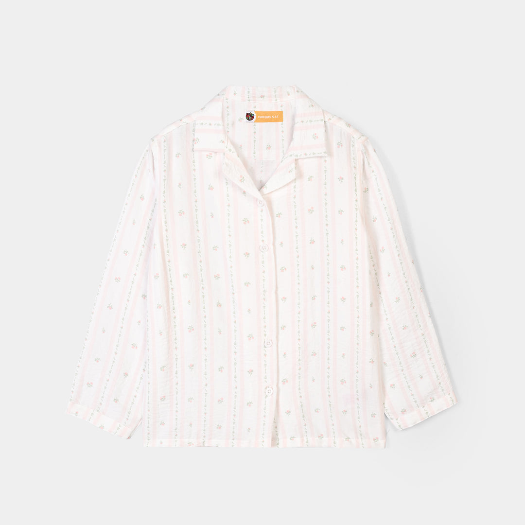 Girls Linen Viscose Nightwear-Pink Floral Stripe-White.Pink