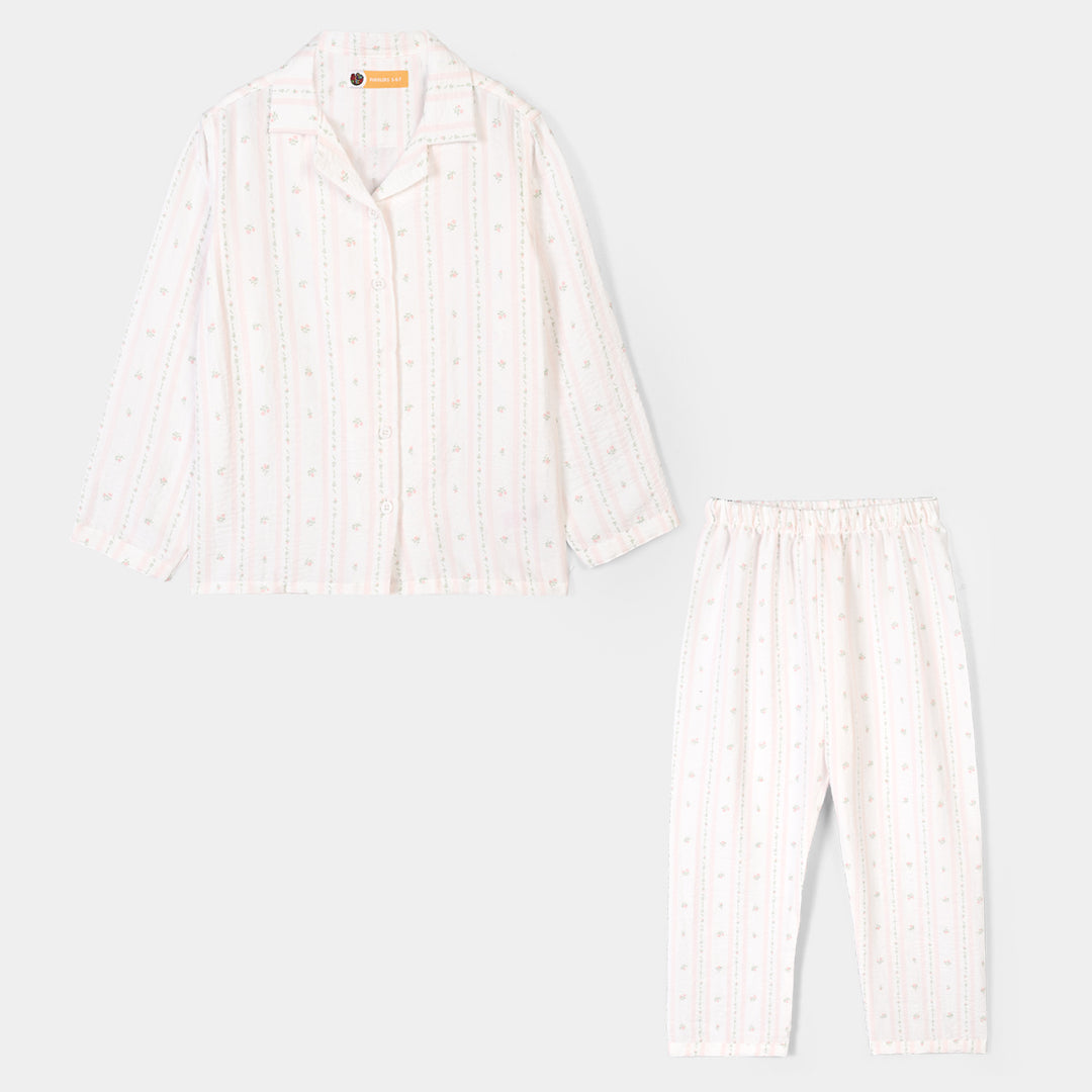 Girls Linen Viscose Nightwear-Pink Floral Stripe-White.Pink