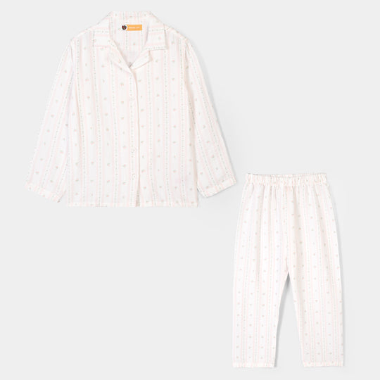 Girls Linen Viscose Nightwear-Pink Floral Stripe-White.Pink