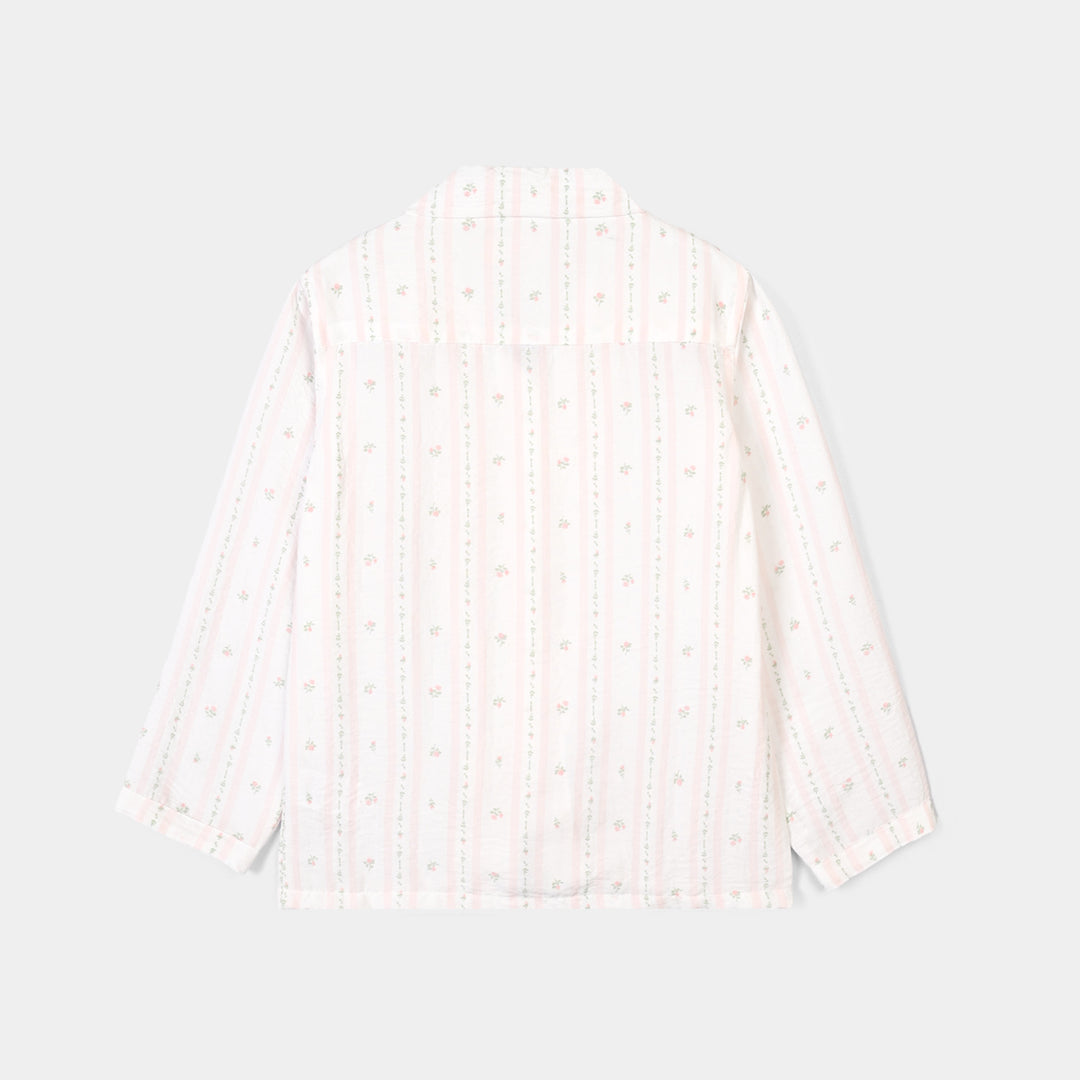 Girls Linen Viscose Nightwear-Pink Floral Stripe-White.Pink