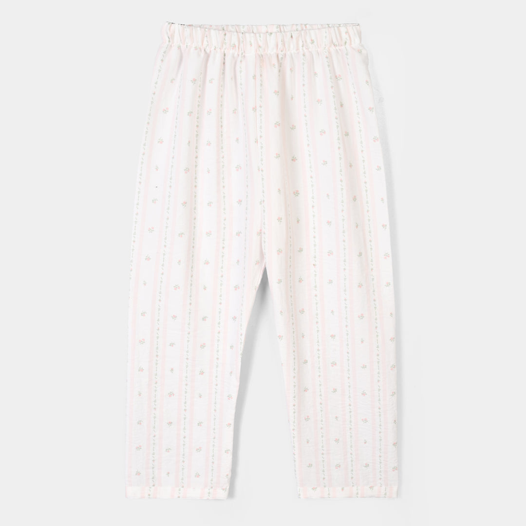 Girls Linen Viscose Nightwear-Pink Floral Stripe-White.Pink