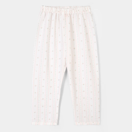 Girls Linen Viscose Nightwear-Pink Floral Stripe-White.Pink