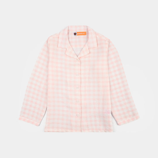 Girls Linen Viscose Nightwear Checkered - Light Pink