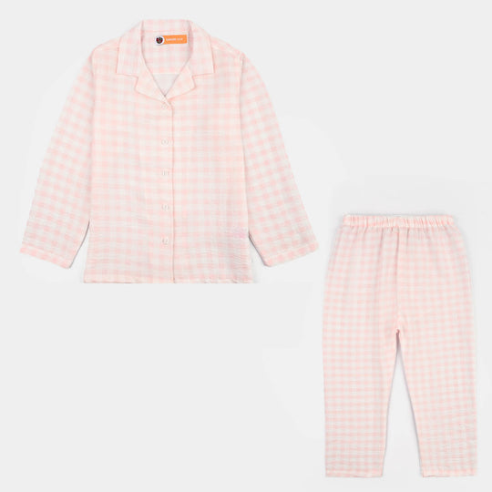 Girls Linen Viscose Nightwear Checkered - Light Pink