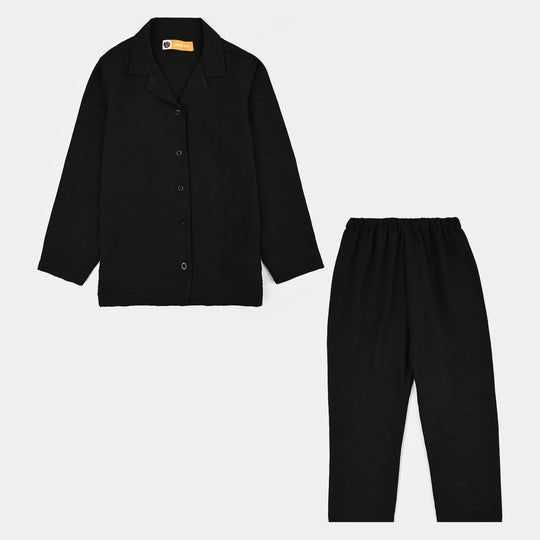Girls Linen Viscose Nightwear-Wavy-BLACK