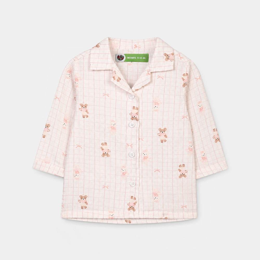 Infant Girls Linen Viscose Nightwear-Teddy-Off.White