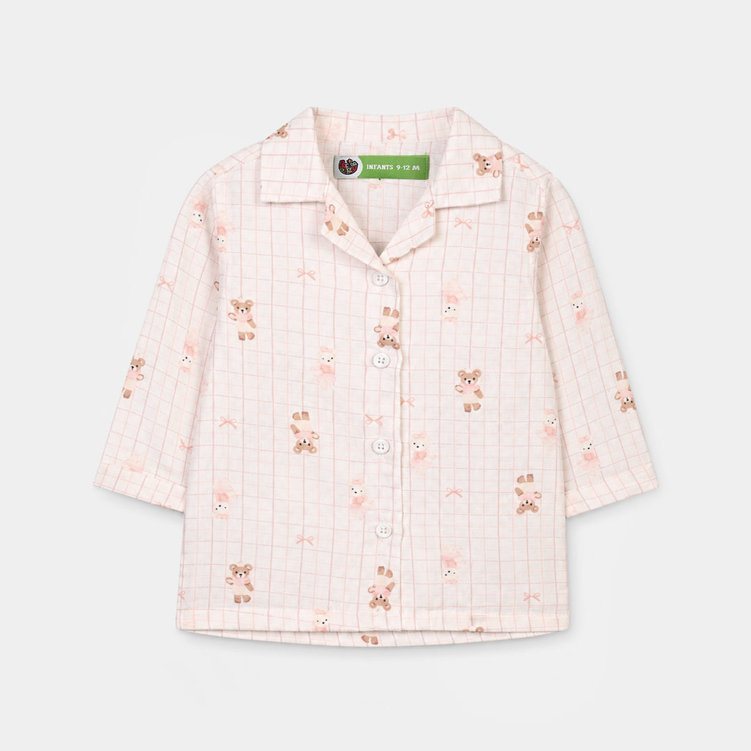 Infant Girls Linen Viscose Nightwear-Teddy-Off.White