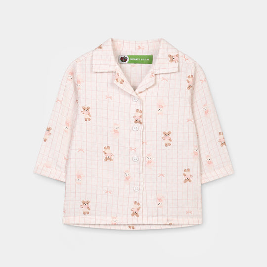 Infant Girls Linen Viscose Nightwear-Teddy-Off.White