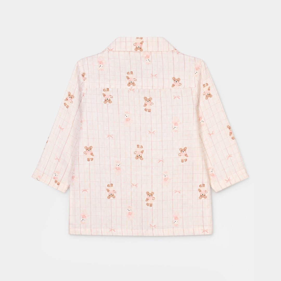 Infant Girls Linen Viscose Nightwear-Teddy-Off.White