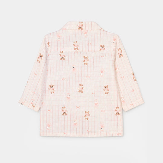 Infant Girls Linen Viscose Nightwear-Teddy-Off.White