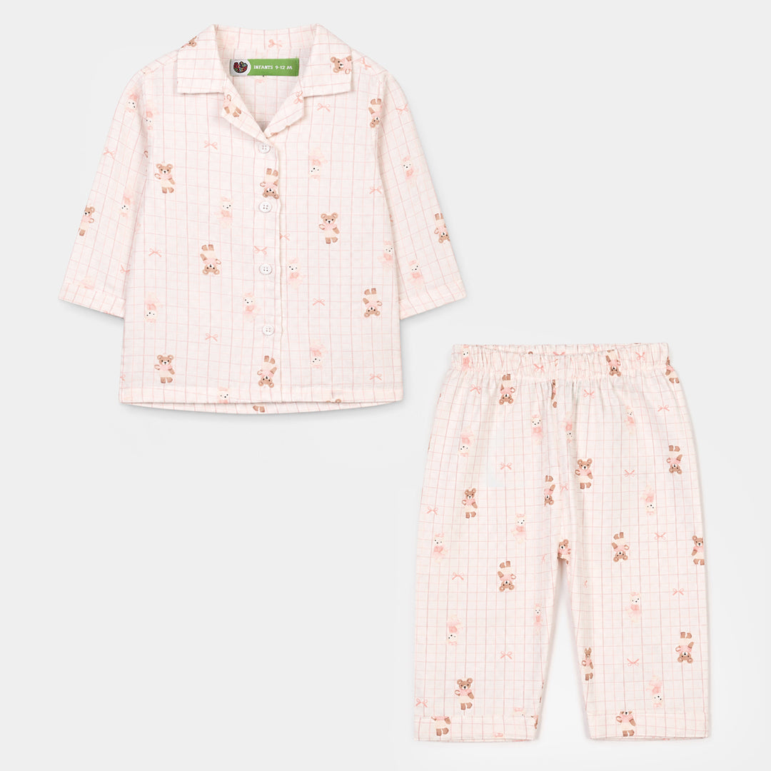 Infant Girls Linen Viscose Nightwear-Teddy-Off.White