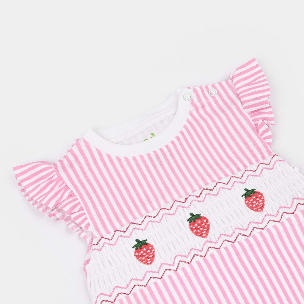 Infant Girls Cotton Interlock Romper Strawberry - Pink/White