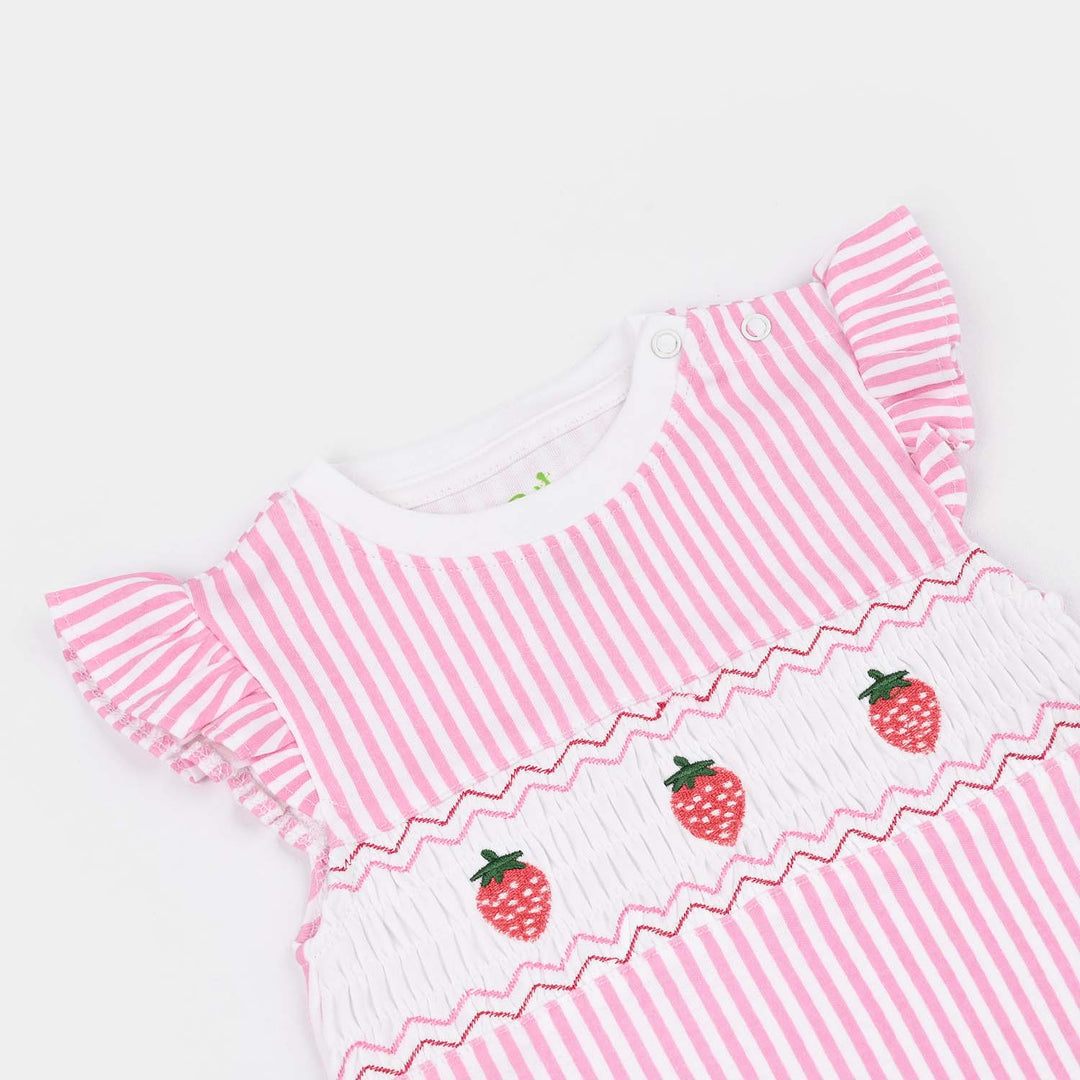Infant Girls Cotton Interlock Romper Strawberry - Pink/White