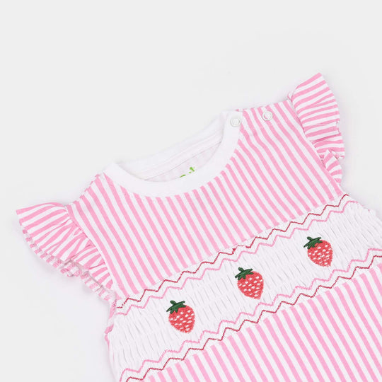 Infant Girls Cotton Interlock Romper Strawberry - Pink/White