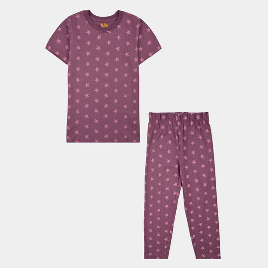 Girls Poly Cotton Jersey Night Suit stars-Purple