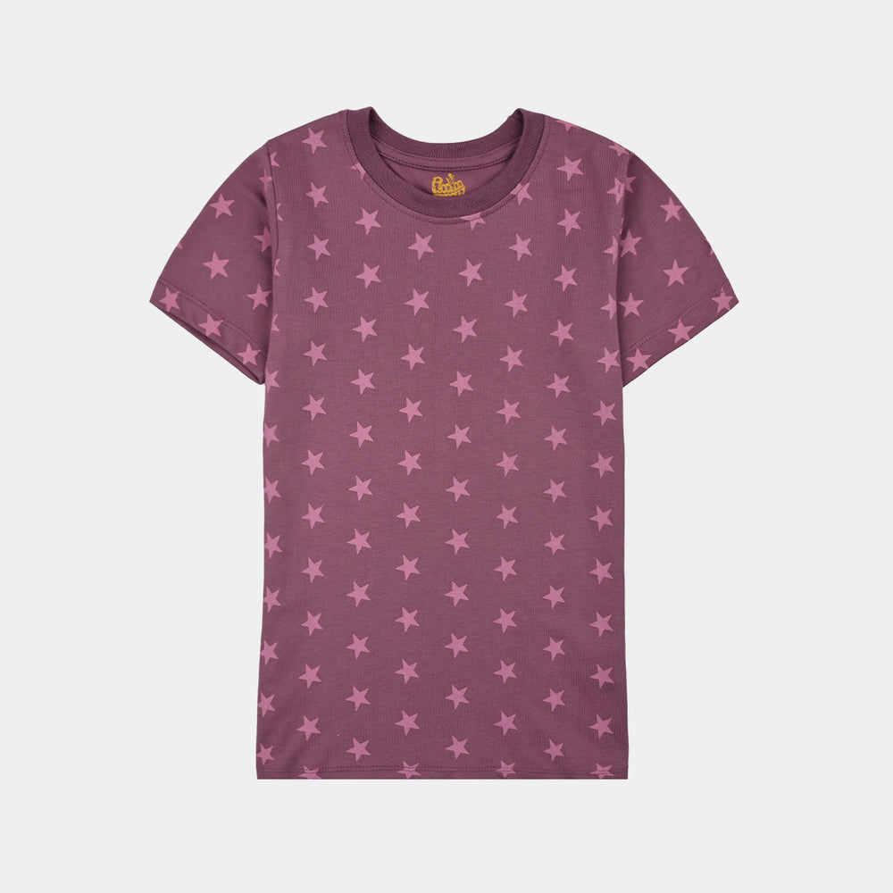 Girls Poly Cotton Jersey Night Suit stars-Purple