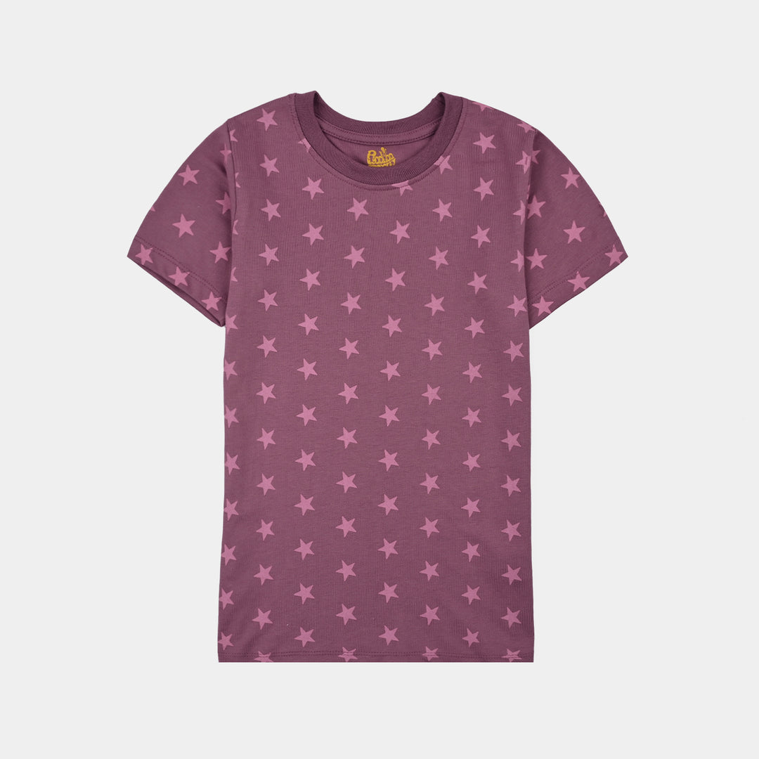 Girls Poly Cotton Jersey Night Suit stars-Purple
