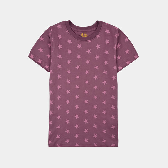 Girls Poly Cotton Jersey Night Suit stars-Purple