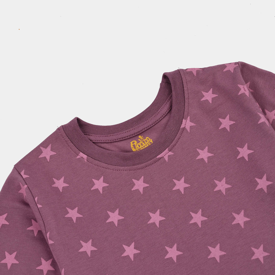 Girls Poly Cotton Jersey Night Suit stars-Purple