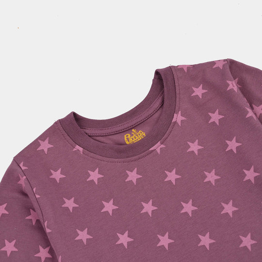 Girls Poly Cotton Jersey Night Suit stars-Purple