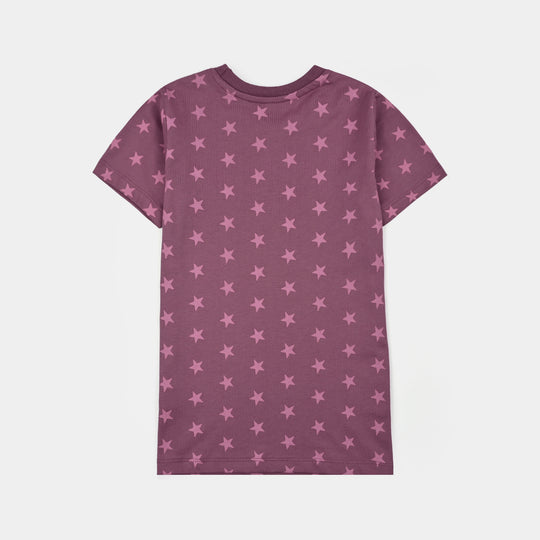 Girls Poly Cotton Jersey Night Suit stars-Purple