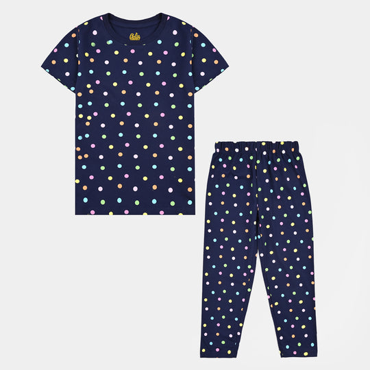 Girls Poly Cotton Jersey Night Suit POLKA DOTS-Navy Blue
