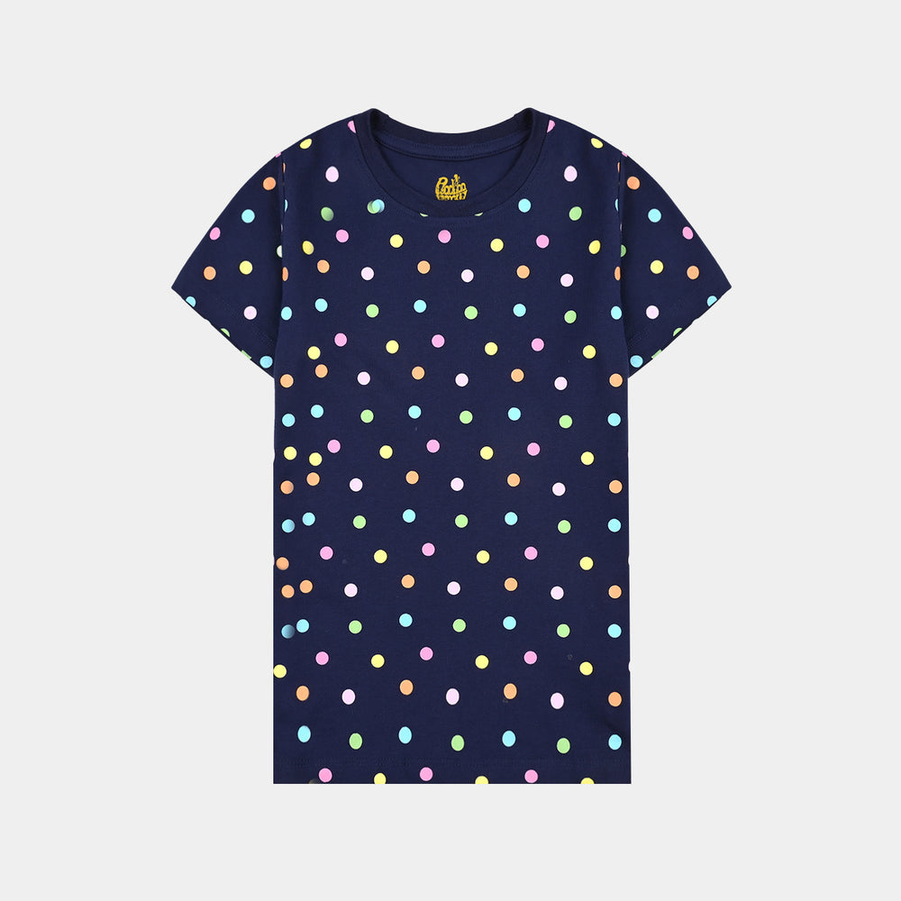 Girls Poly Cotton Jersey Night Suit POLKA DOTS-Navy Blue