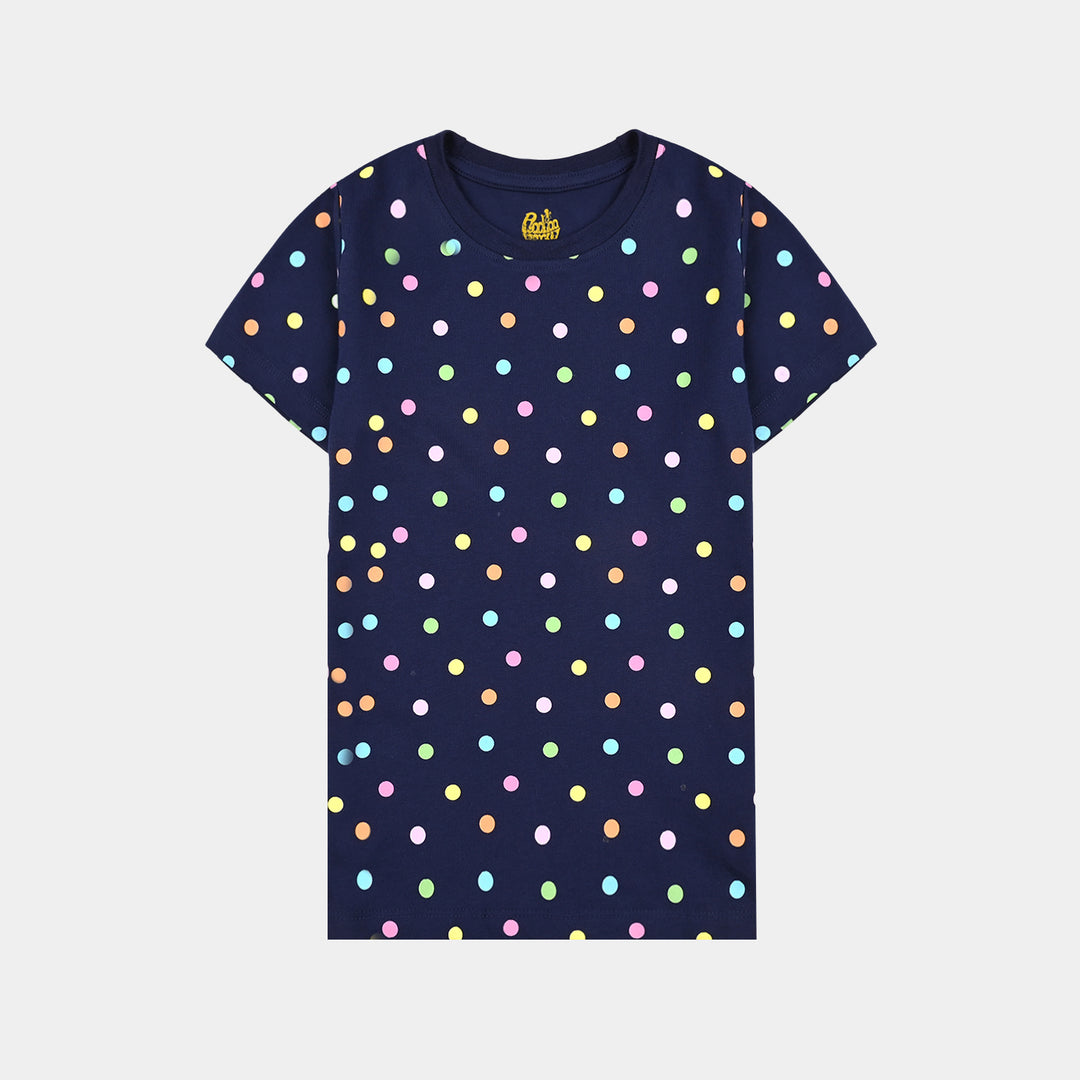 Girls Poly Cotton Jersey Night Suit POLKA DOTS-Navy Blue