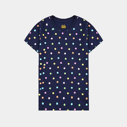 Girls Poly Cotton Jersey Night Suit POLKA DOTS-Navy Blue