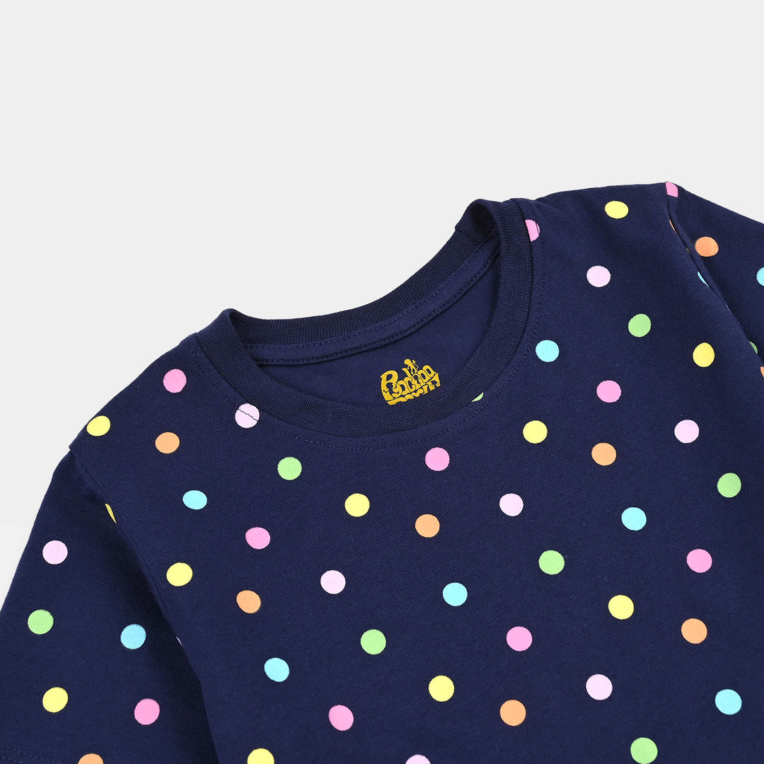 Girls Poly Cotton Jersey Night Suit POLKA DOTS-Navy Blue