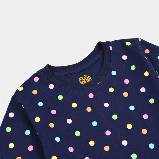 Girls Poly Cotton Jersey Night Suit POLKA DOTS-Navy Blue