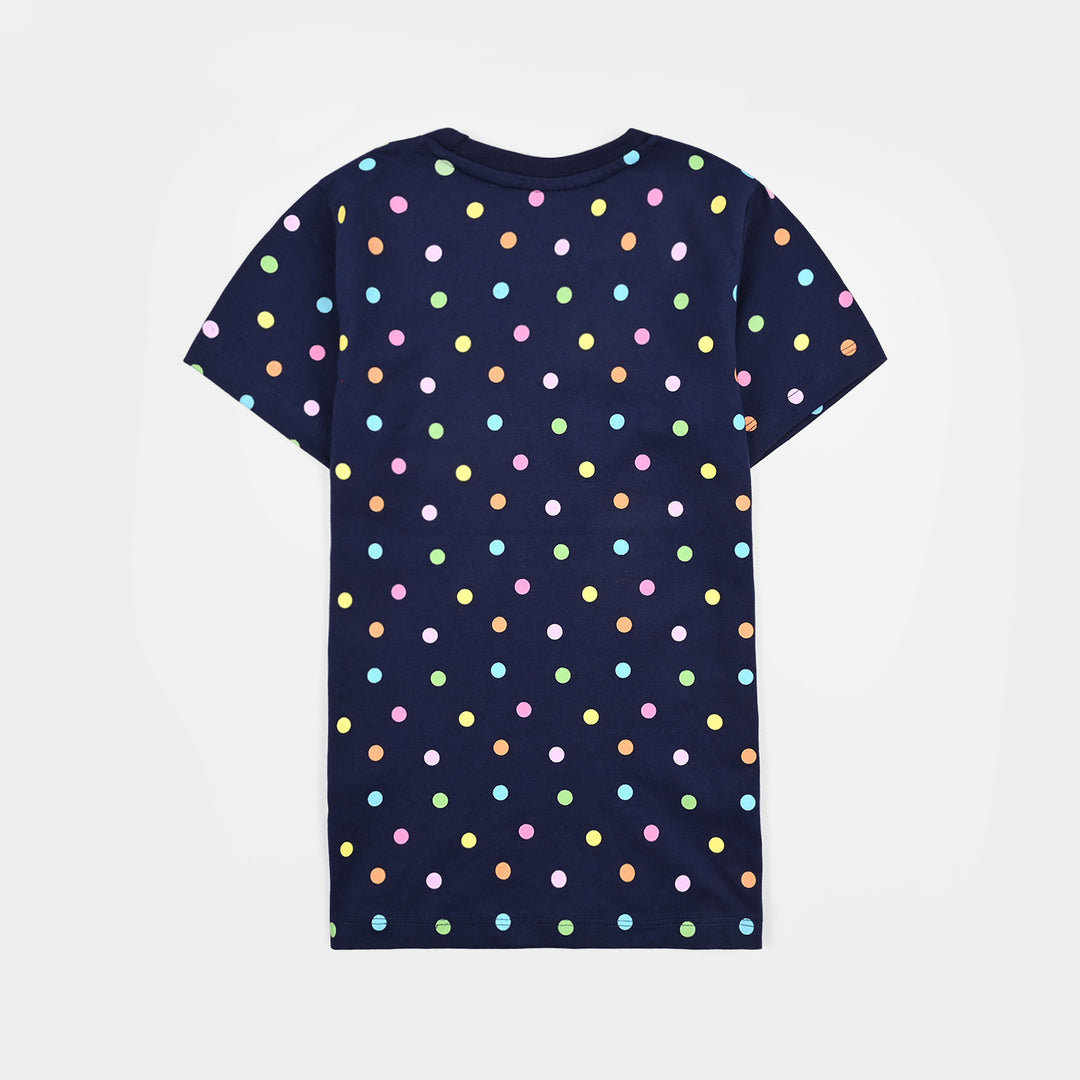 Girls Poly Cotton Jersey Night Suit POLKA DOTS-Navy Blue