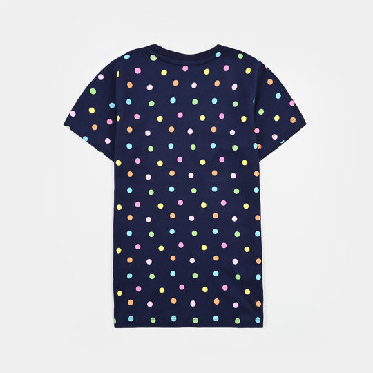 Girls Poly Cotton Jersey Night Suit POLKA DOTS-Navy Blue