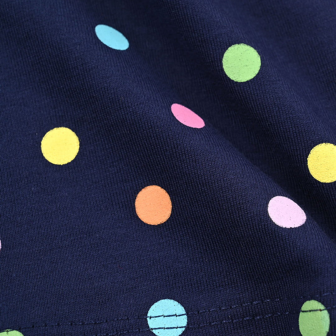 Girls Poly Cotton Jersey Night Suit POLKA DOTS-Navy Blue