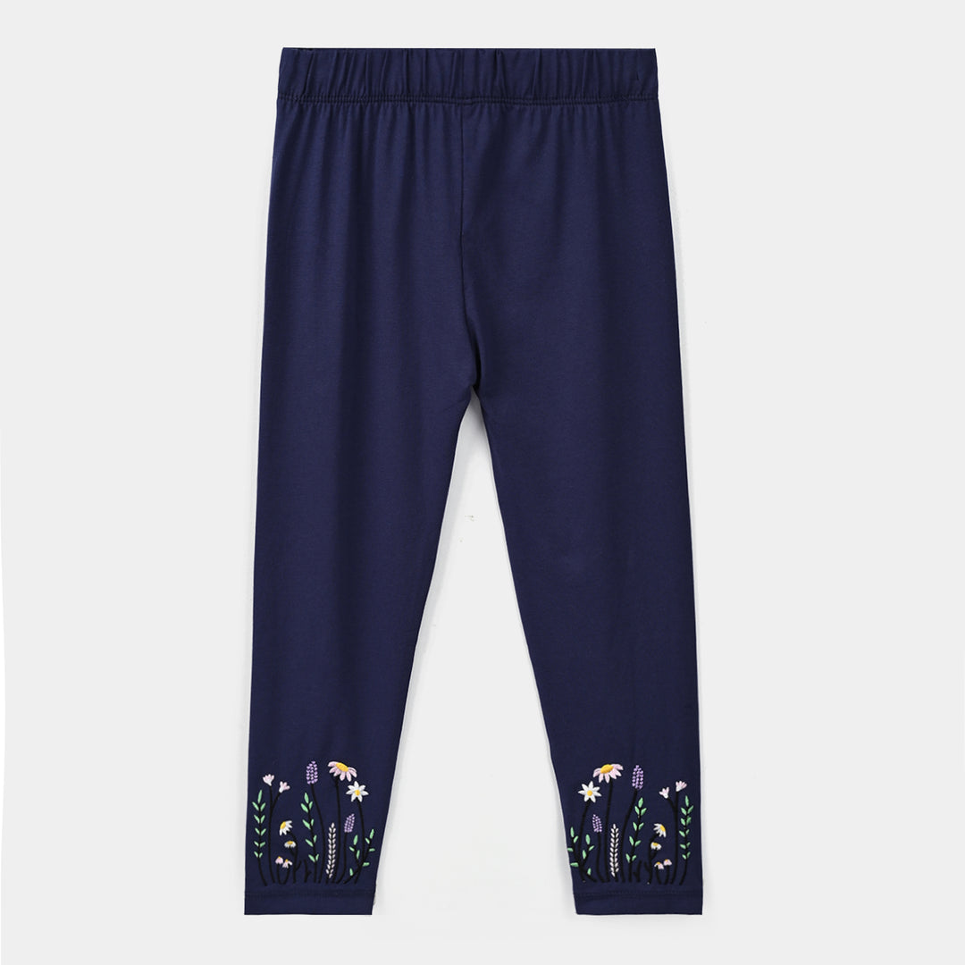 Girls Lycra Jersey EMB Tights FLORAL-NAVY
